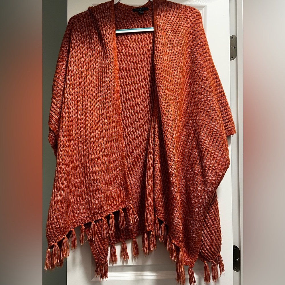 Orange Knit Poncho with Fringe - One Size